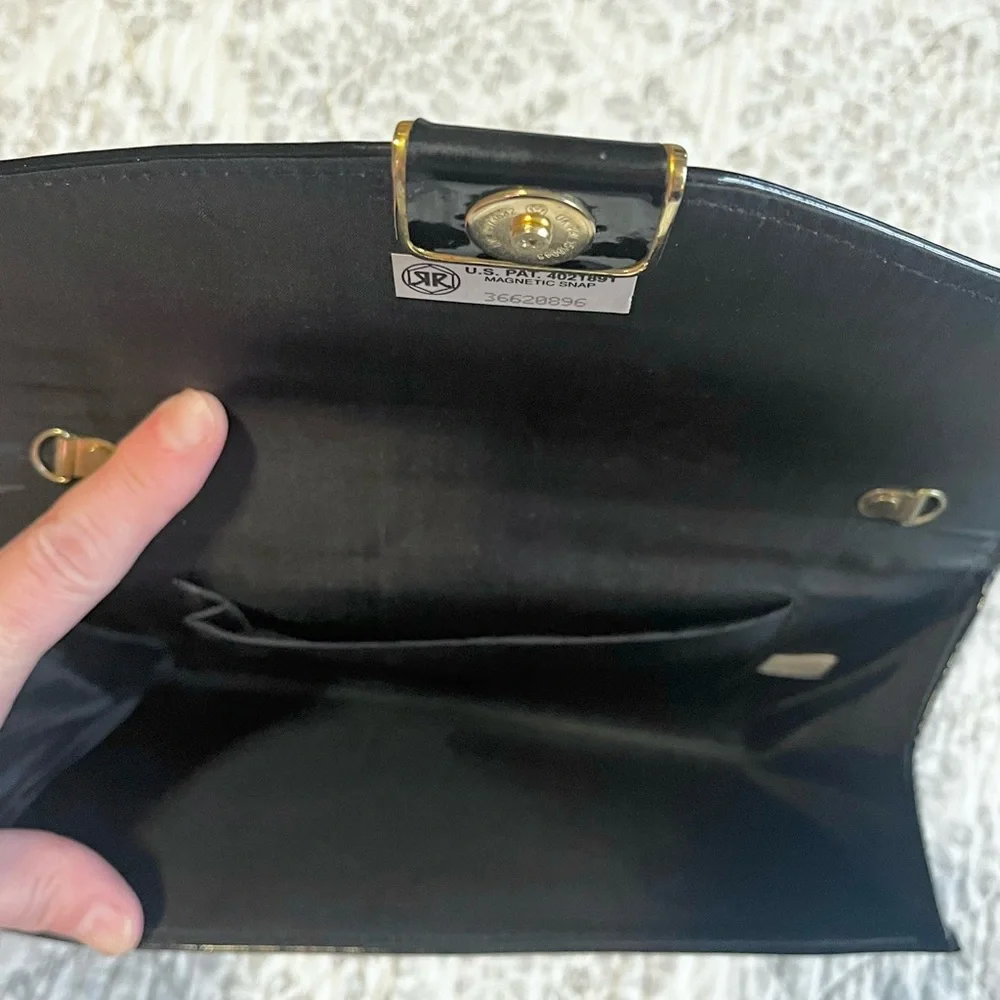OS Vintage Envelope Style Black Patent Clutch Triangle Clasp